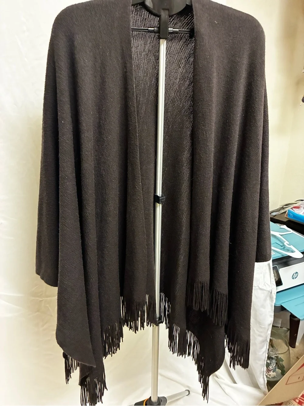 Women's Black Fringe Wrap Poncho - Classic Layering Shawl